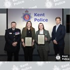Tanya Alderman (L) and Demi Parkhill-Flemming (R) being presented with the award by Chief Cons Tim Smith and Kent PCC Matthew Scott.